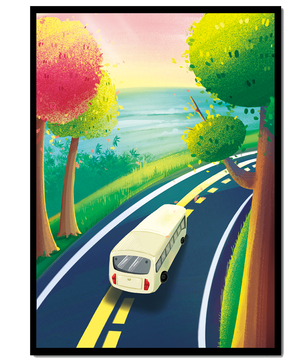Scenic Road Trip with Vibrant Trees and Sunset