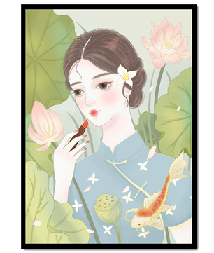 Elegant Woman in Traditional Dress with Lotus and Koi Fish - Mi tienda