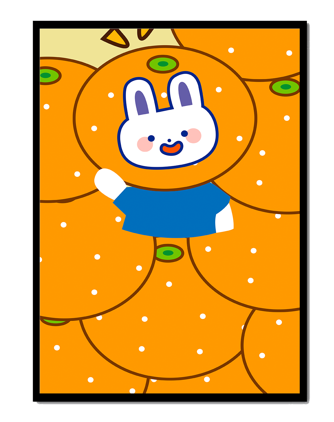Whimsical illustration of a bunny surrounded by oranges