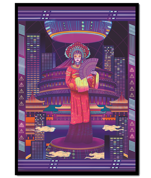 Futuristic Asian Inspired Artwork with Neon Colors and Geisha in Traditional Attire