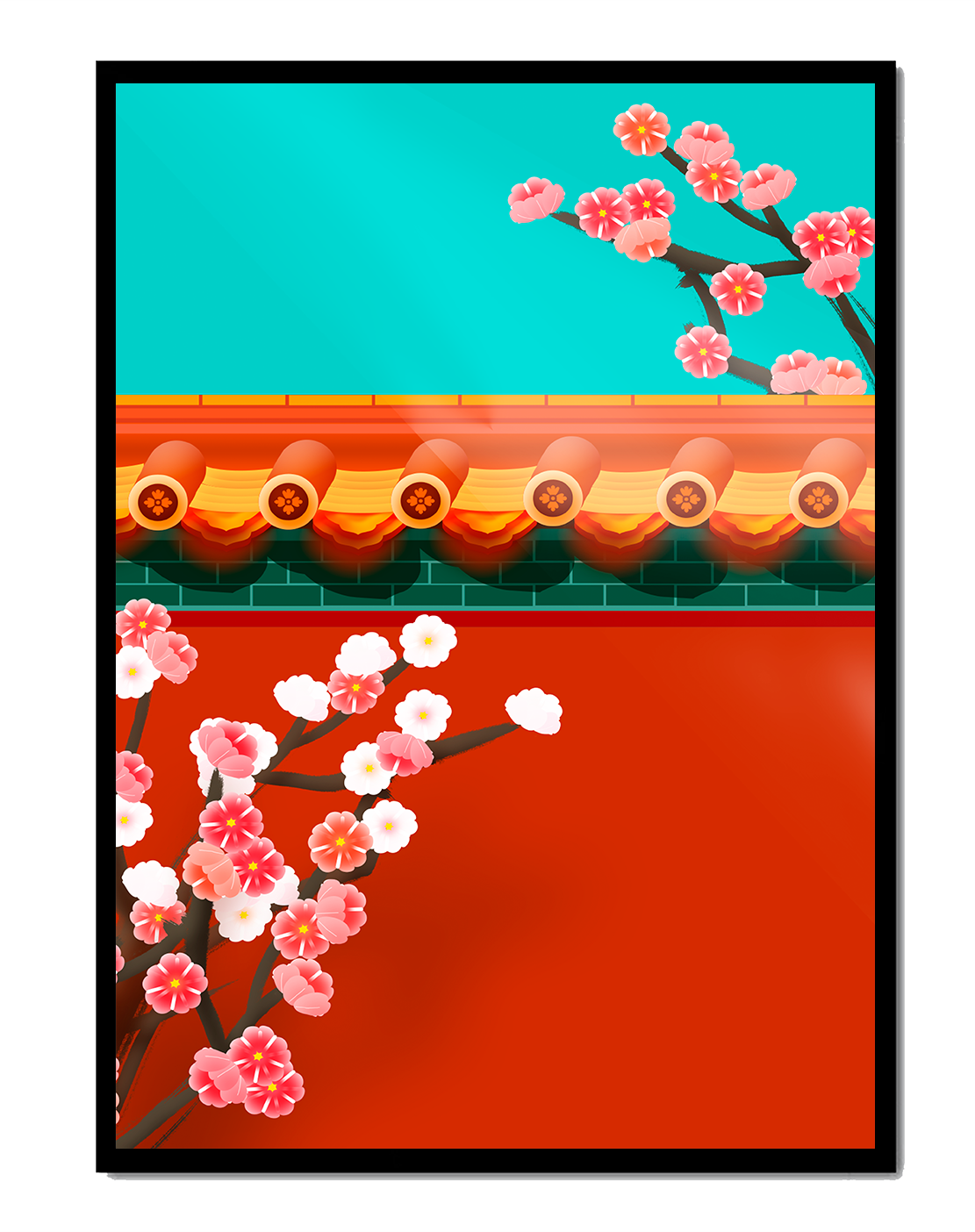 Traditional Asian architecture with cherry blossoms