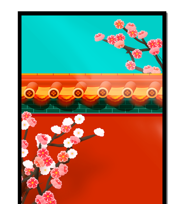 Traditional Asian architecture with cherry blossoms