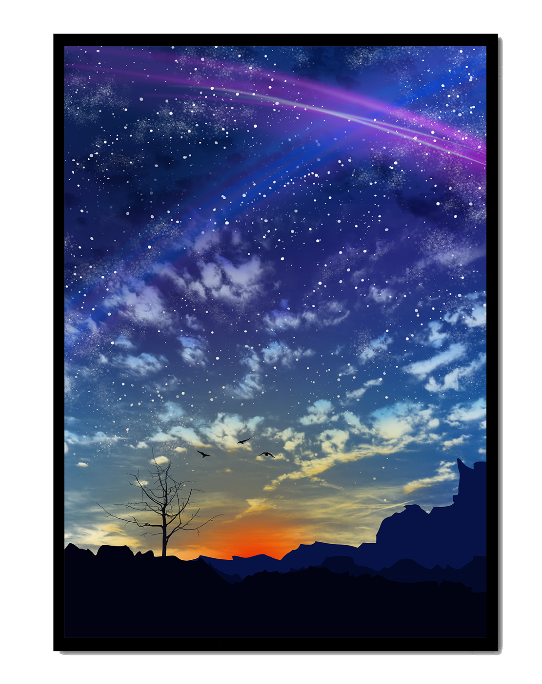 Impresionante cielo nocturno con constelaciones y colorido atardecer.