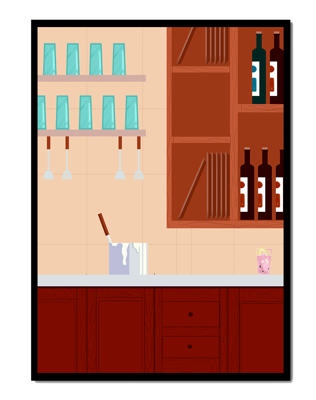 Modern kitchen interior with wooden cabinets and glass shelves