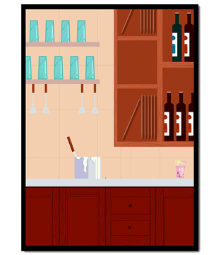 Interior de cocina moderna con gabinetes de madera y estantes de vidrio