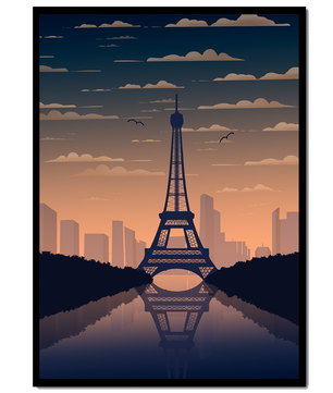 Vista escénica de la Torre Eiffel al anochecer con reflejo del horizonte urbano