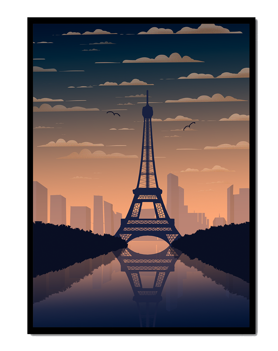 Scenic view of the Eiffel Tower at dusk with city skyline reflection