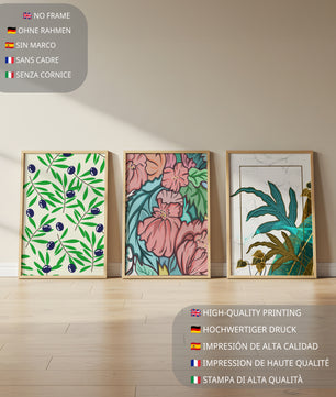Impressions florales et tropicales sans cadre dans un salon moderne
