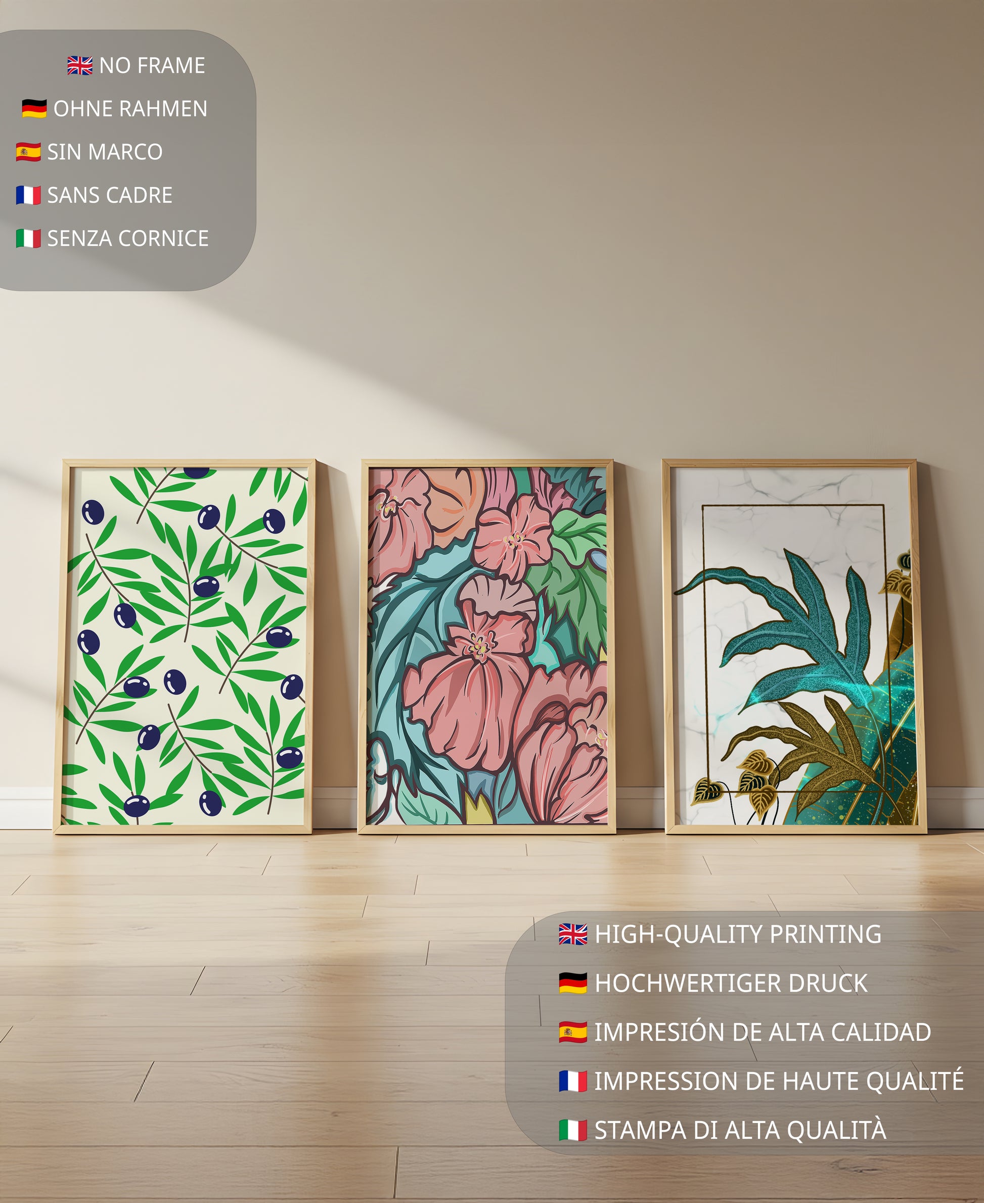 Impressions florales et tropicales sans cadre dans un salon moderne
