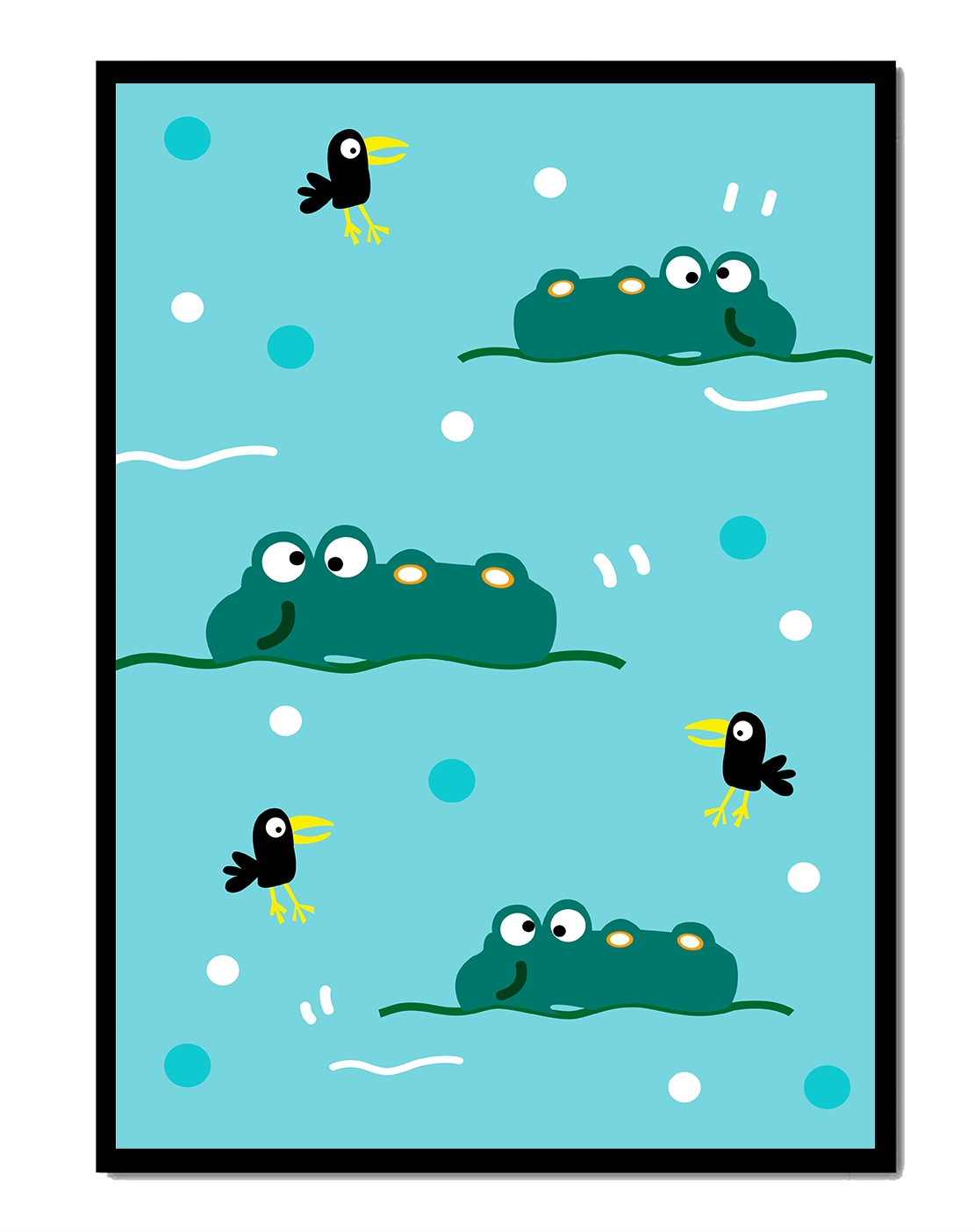 Playful cartoon crocodiles and birds on blue patterned background