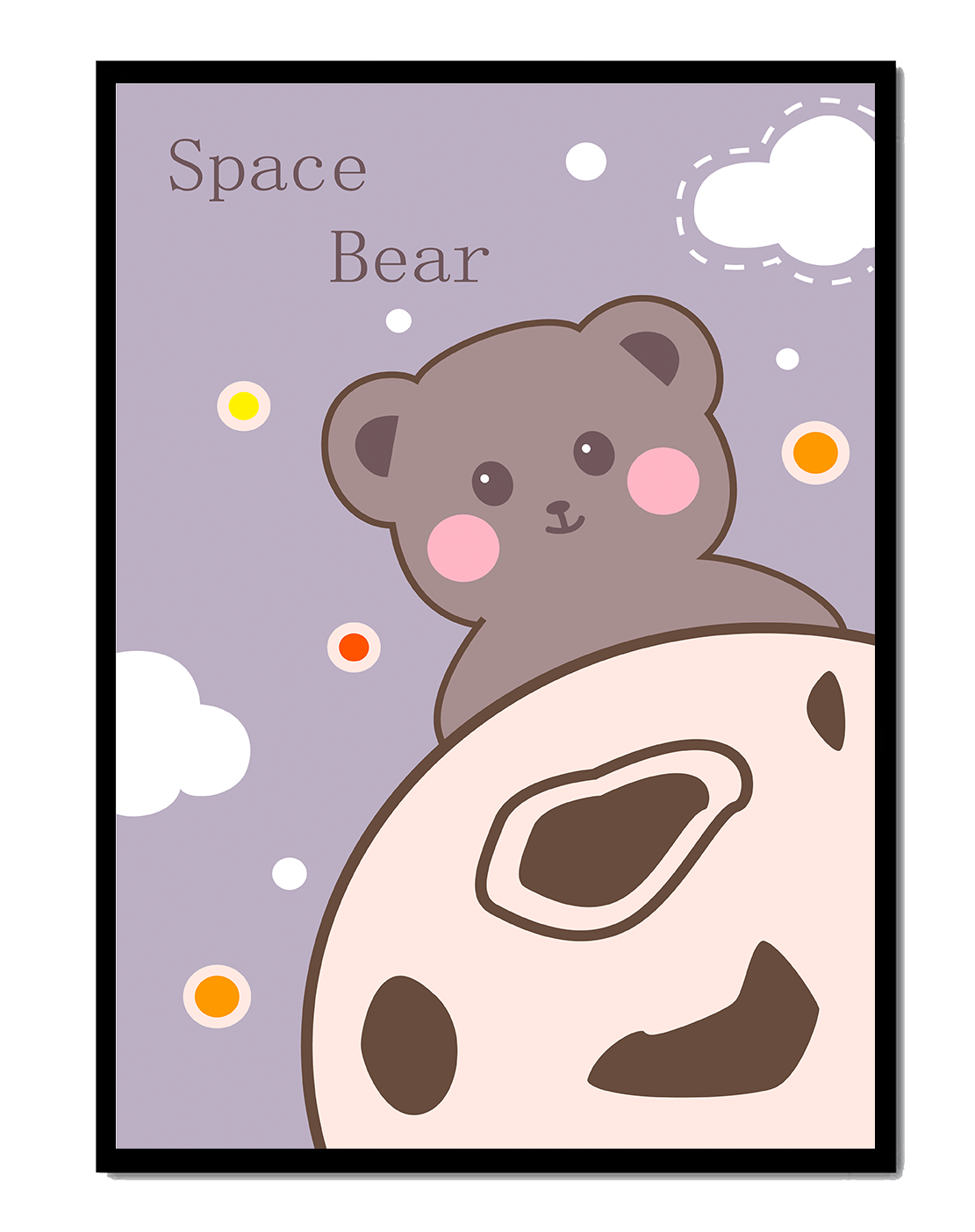 Adorable bear in a whimsical space-themed design with clouds and stars