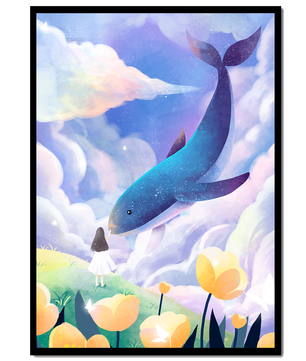 Paisaje surrealista con una ballena gigante y elementos caprichosos