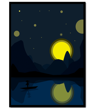 Paisaje nocturno sereno con río iluminado por la luna y bote silueteado