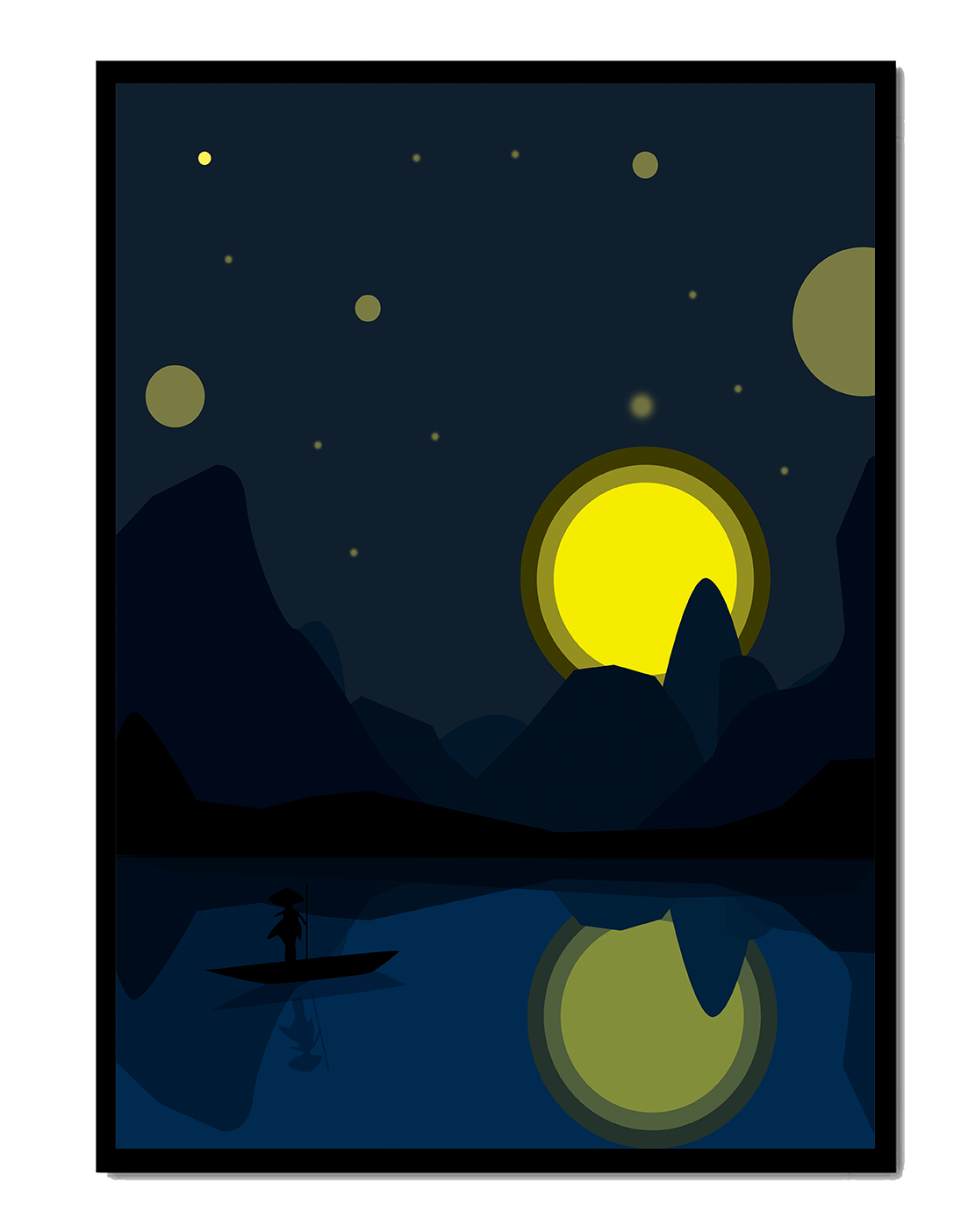 Serene night landscape with moonlit river and silhouetted boat