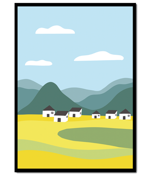 Pastoral Landscape with Mountains and Houses Under Blue Sky