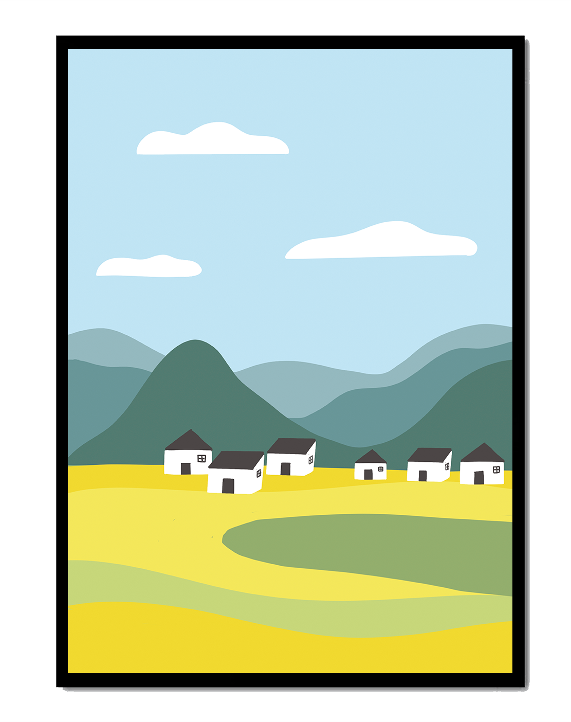 Pastoral Landscape with Mountains and Houses Under Blue Sky