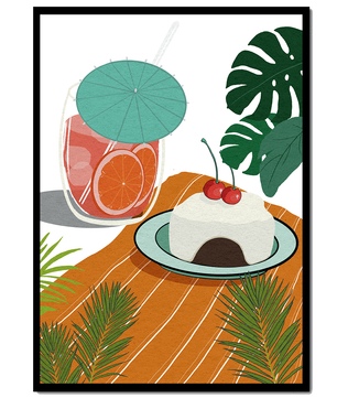 Tropical Dessert with Cherries and Refreshing Drink Under a Parasol