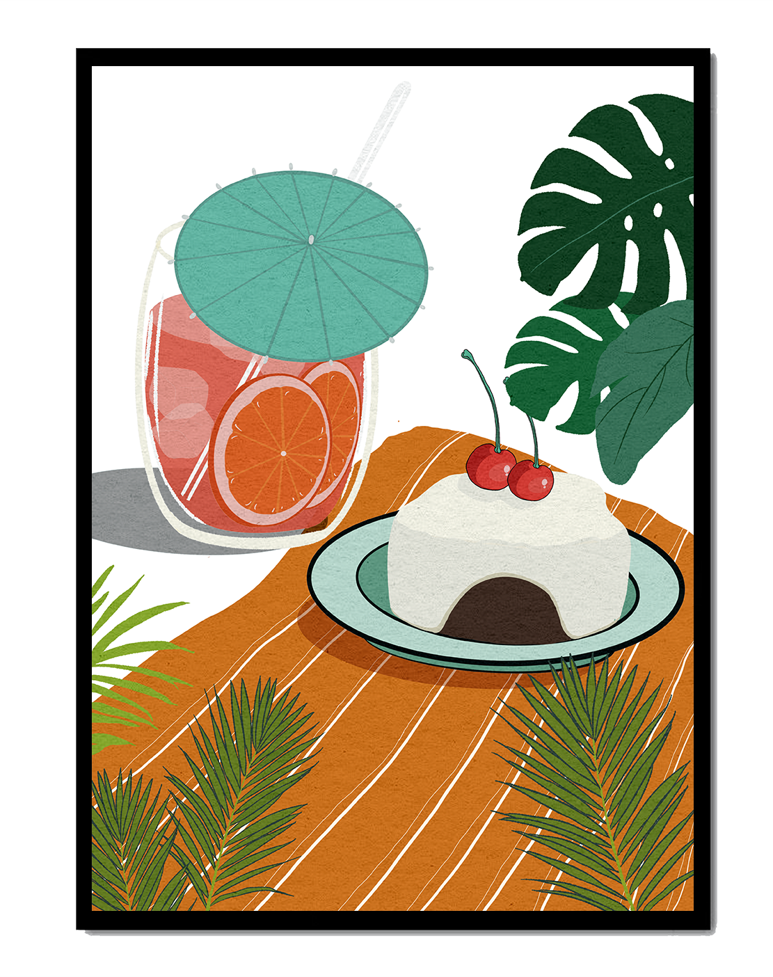 Tropical Dessert with Cherries and Refreshing Drink Under a Parasol