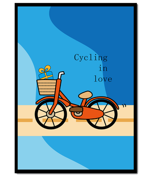 Bicicleta colorida con un regalo en la cesta sobre fondo azul