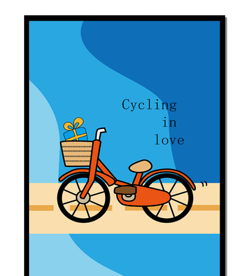 Colorful bicycle with a gift in basket against blue background