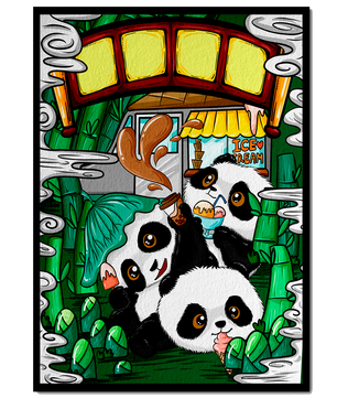 Ilustración de pandas encantadores disfrutando de helado bajo un puente de bambú