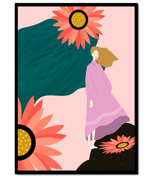 Stylized illustration of woman with vibrant floral elements