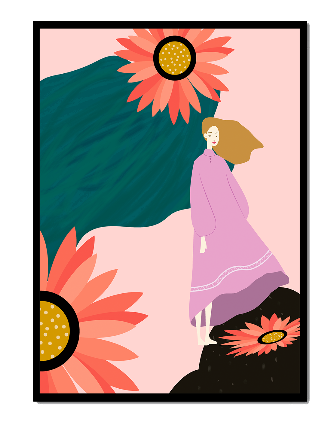Stylized illustration of woman with vibrant floral elements