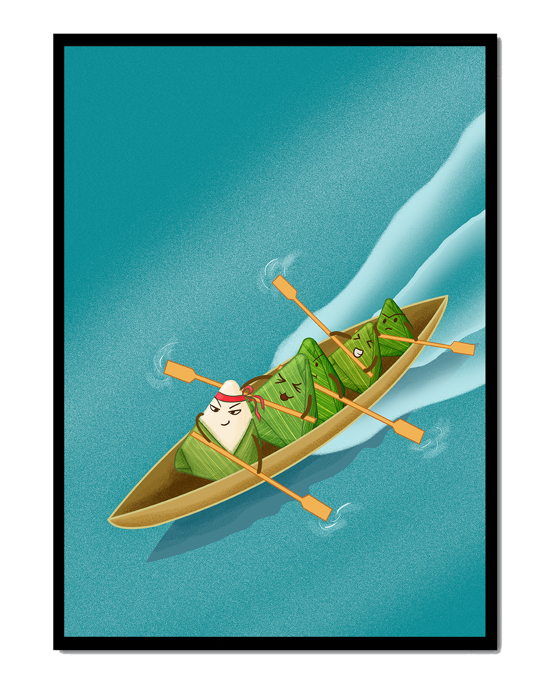 Charming illustration of rice dumplings rowing a boat with expressions