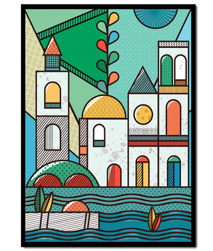 Paysage urbain géométrique coloré avec des éléments architecturaux modernes