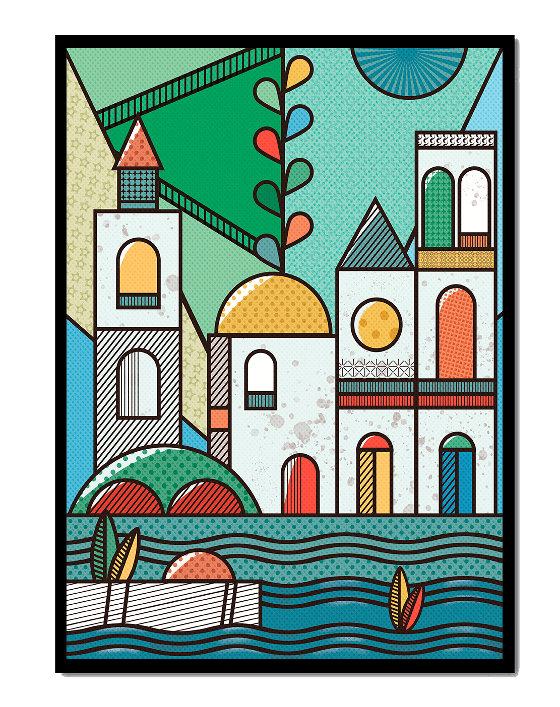 Paysage urbain géométrique coloré avec des éléments architecturaux modernes