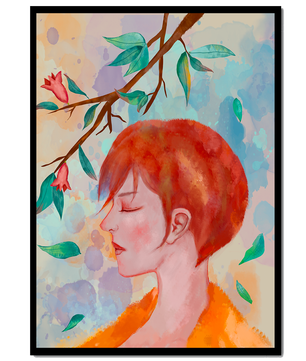 Illustrative artwork of a woman with red hair and floral branch