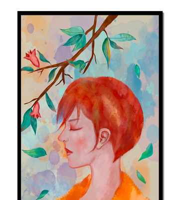Illustrative artwork of a woman with red hair and floral branch
