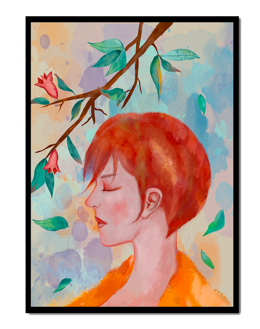 Illustrative artwork of a woman with red hair and floral branch