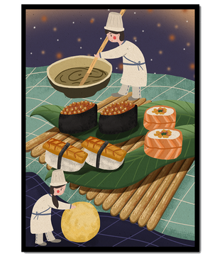 Ilustración juguetona de chefs preparando sushi en un paisaje imaginario