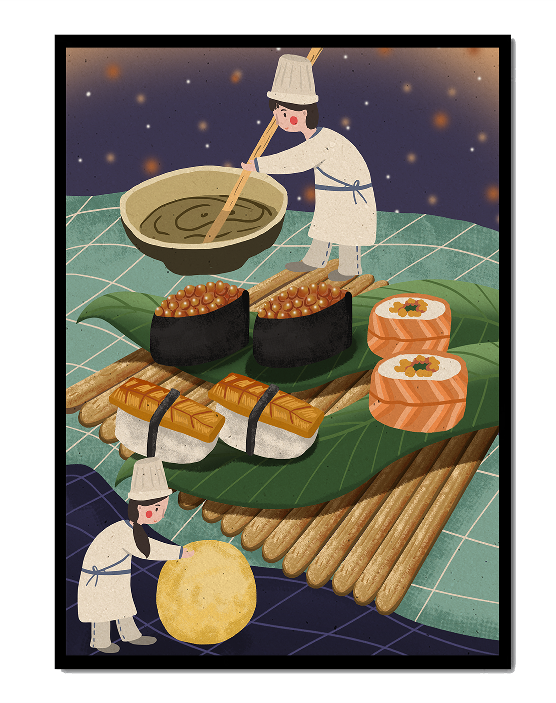 Ilustración juguetona de chefs preparando sushi en un paisaje imaginario
