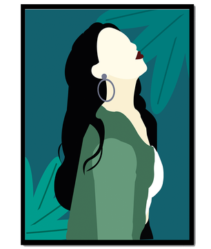 Stylized artwork of a woman with dark hair and earrings against a tropical leaf backdrop