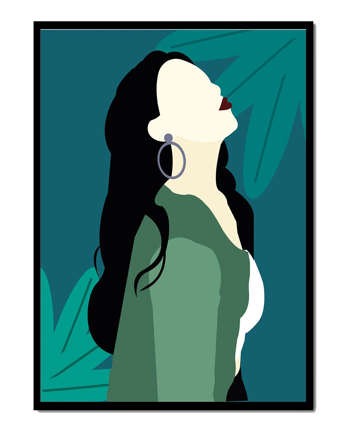 Stylized artwork of a woman with dark hair and earrings against a tropical leaf backdrop