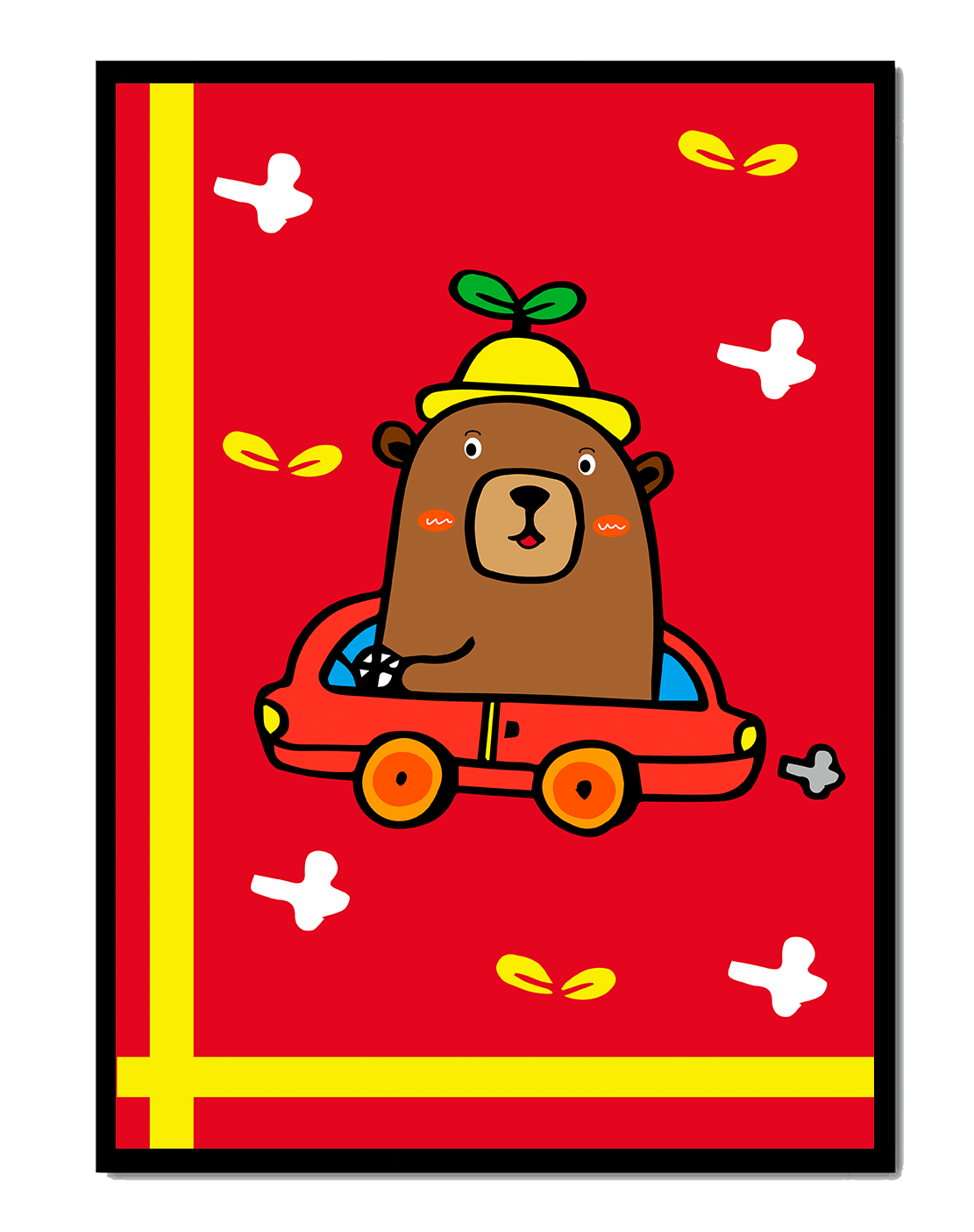 Whimsical bear driving a car on a bright red background
