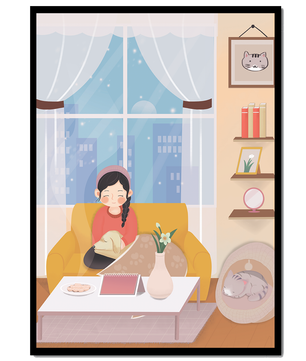 Cozy living room with a girl and a dog on a yellow sofa