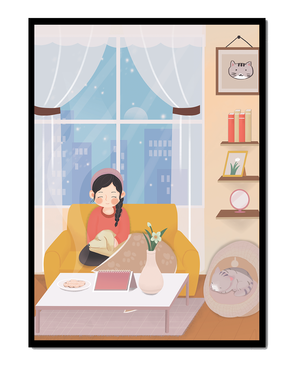 Cozy living room with a girl and a dog on a yellow sofa
