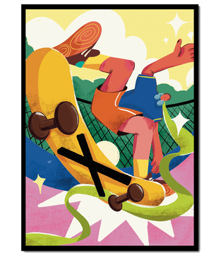 Ilustración abstracta colorida con un skater en movimiento dinámico