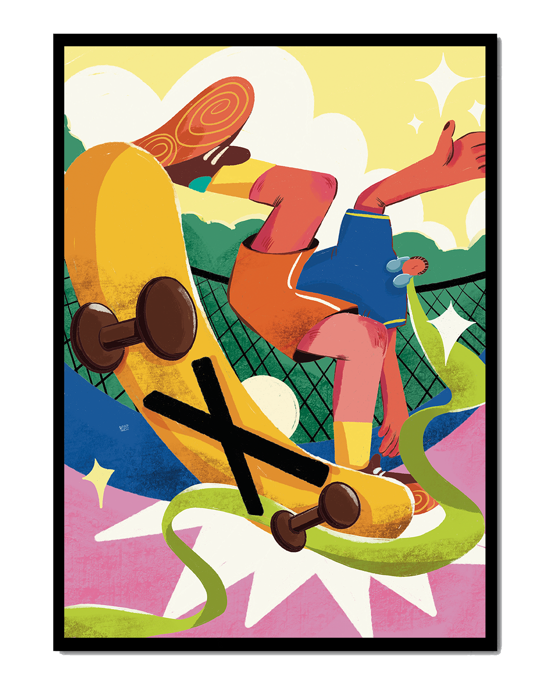 Ilustración abstracta colorida con un skater en movimiento dinámico