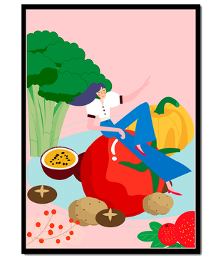 Ilustración de una mujer rodeada de vegetales y frutas vibrantes