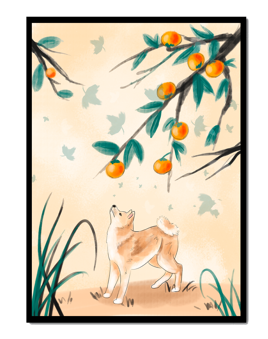 Illustration of a dog gazing at fruit-laden tree branches in nature