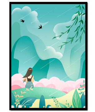 Peaceful landscape with a girl and nature elements