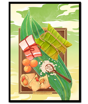 Traditional dumplings wrapped in leaves with ingredients on a vibrant background