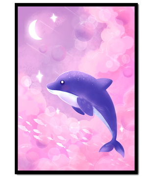 Dreamlike underwater scene with dolphin and moonlit sky