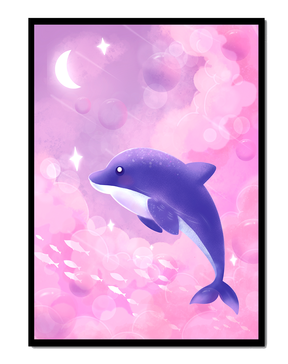 Dreamlike underwater scene with dolphin and moonlit sky