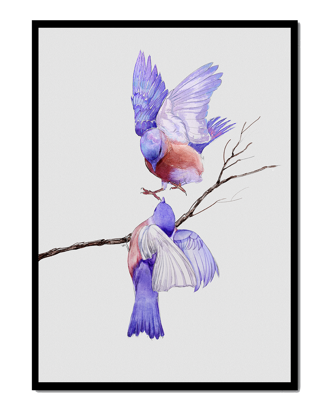 Elegante ilustración acuarela de dos pájaros en una rama