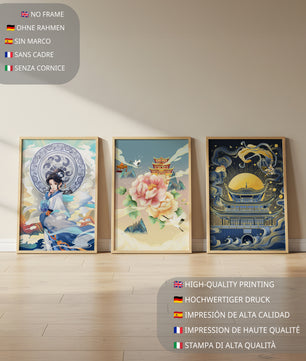 Triptyque d’Art Asiatique : Femme, Fleur et Pagode avec Éléments Dorés
